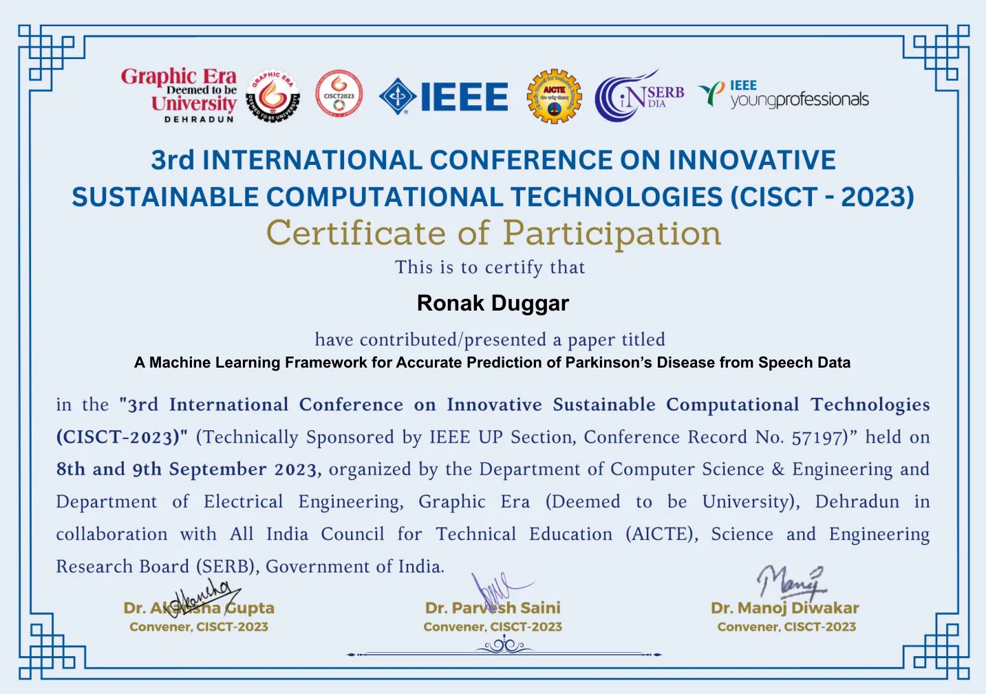 CISCT 2023 Paper Presentation Certificate