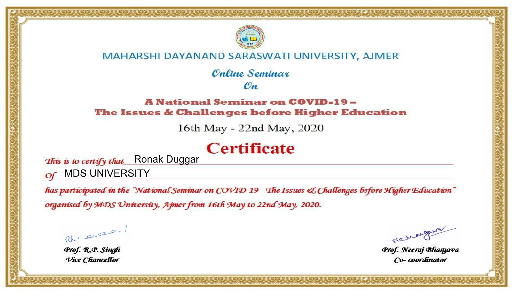 MDS University Online Seminar Certificate