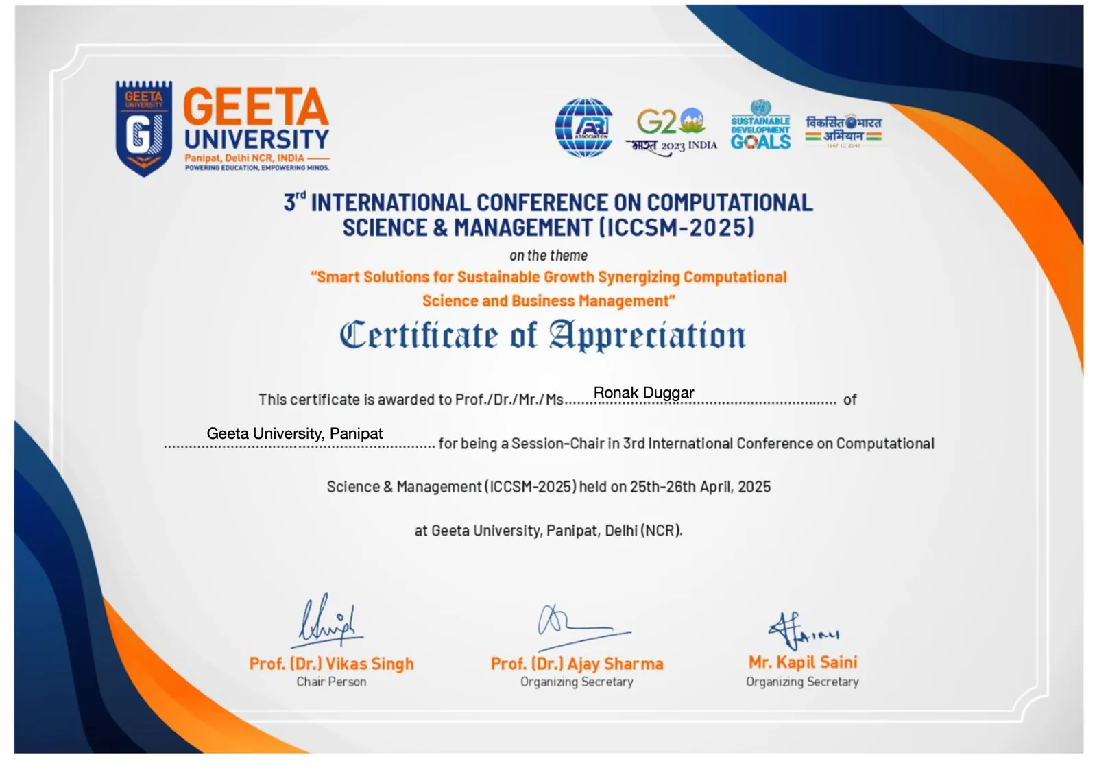 Conference Session Chair Certificate