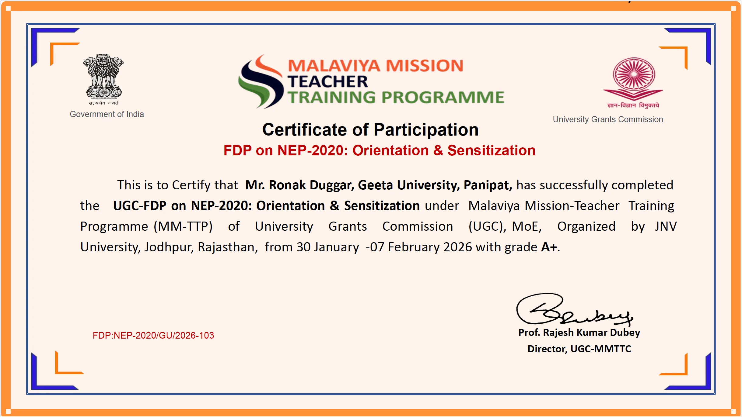 NEP-2020 Orientation & Sensitization FDP (Grade A+)