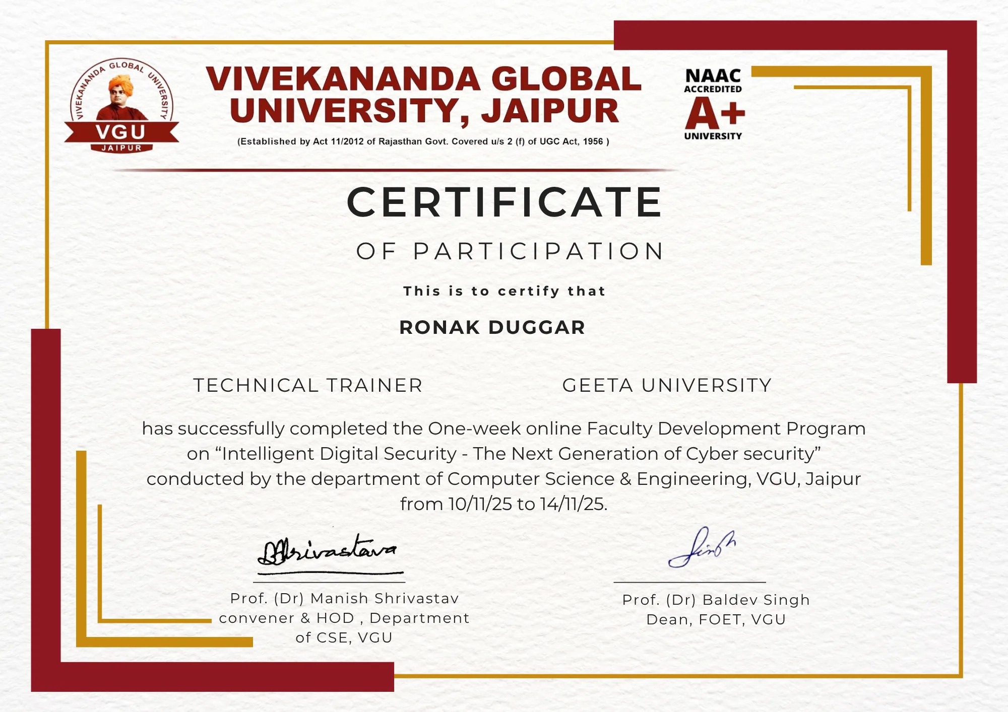 Intelligent Digital Security FDP Certification
