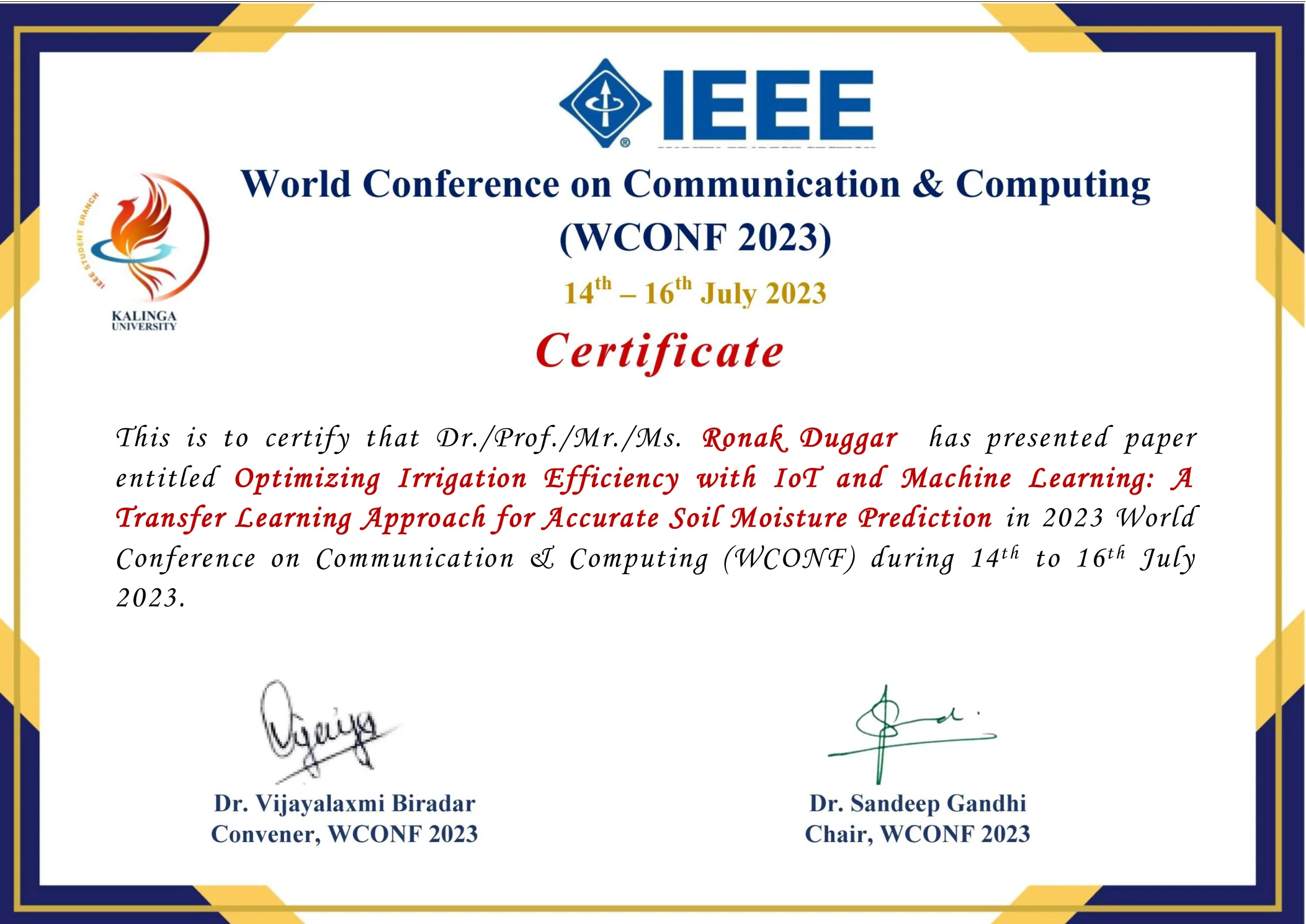 WCONF 2023 Paper Presentation Certificate